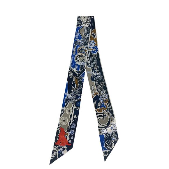 Hermès Printed Silk Bingata Sticker Twilly Marine Tabac Bleu Vif - Picture 3 of 12